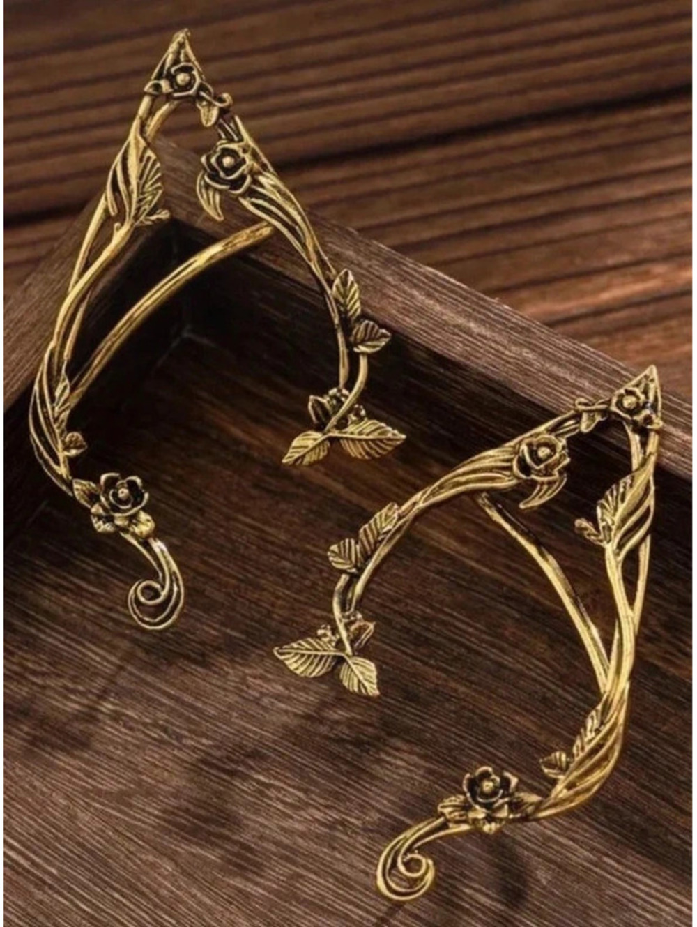 Gold Tone Elf Ear Cuffs Floral Vine Fairycore Ren Faire Fantasy Jewelry